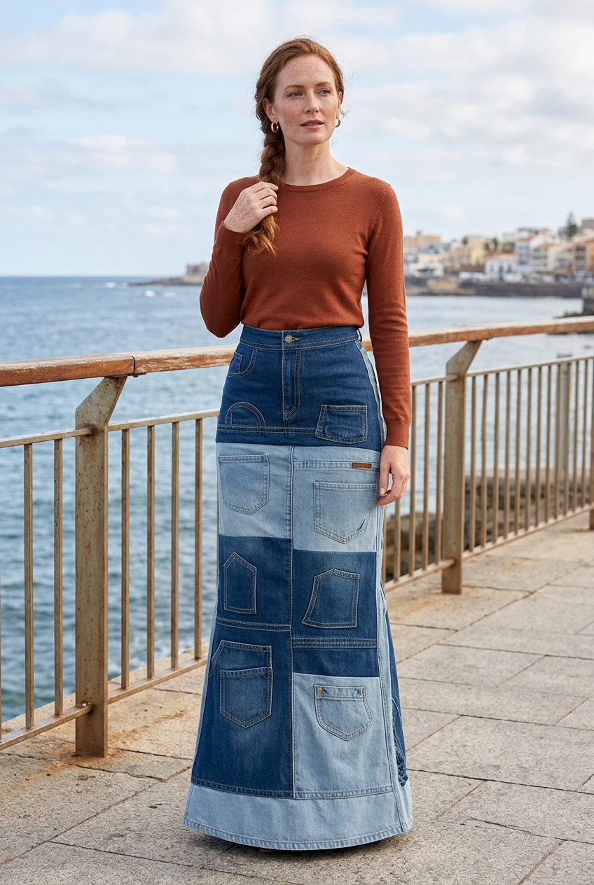 White model posing on a coastal promenade