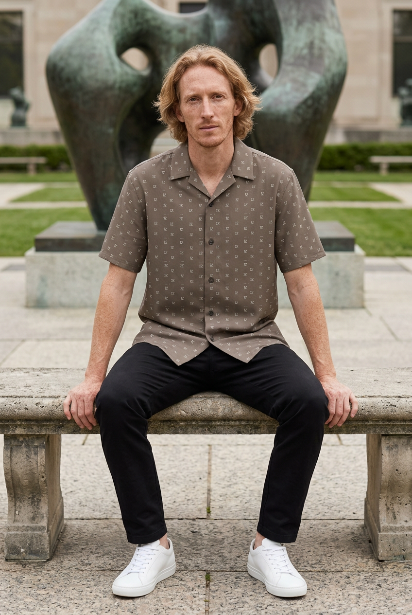 White model seated in an outdoor sculpture park