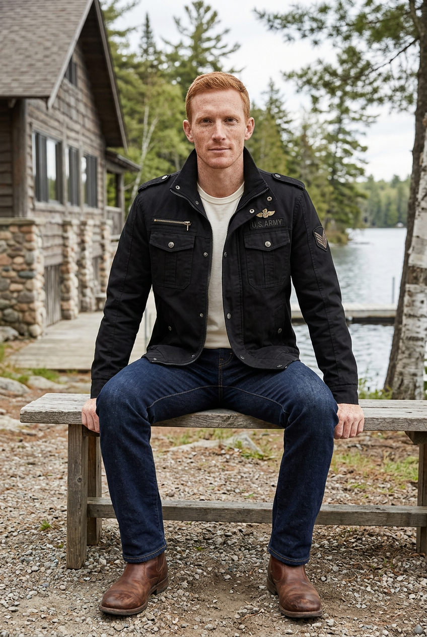 White model seated outside a lakeside lodge