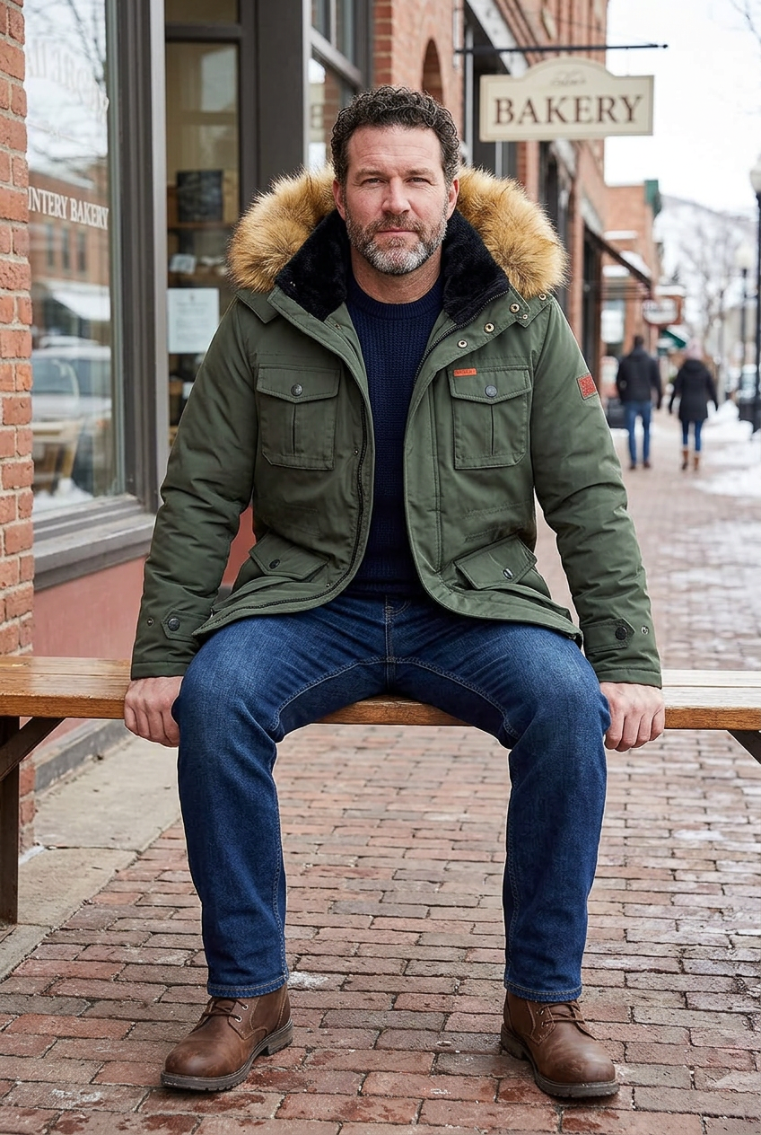 White model seated outside a mountain-town bakery with the hood down