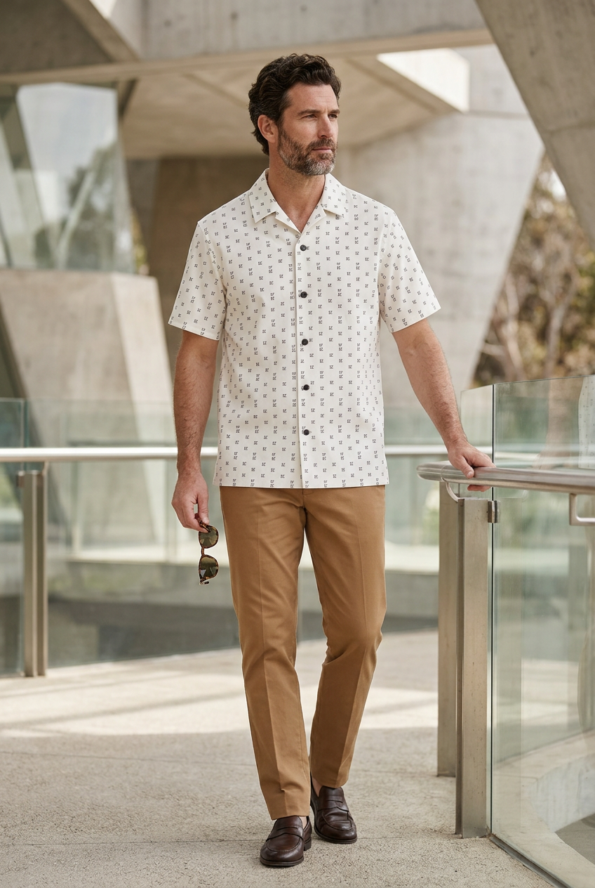 White model standing at an outdoor architectural pavilion