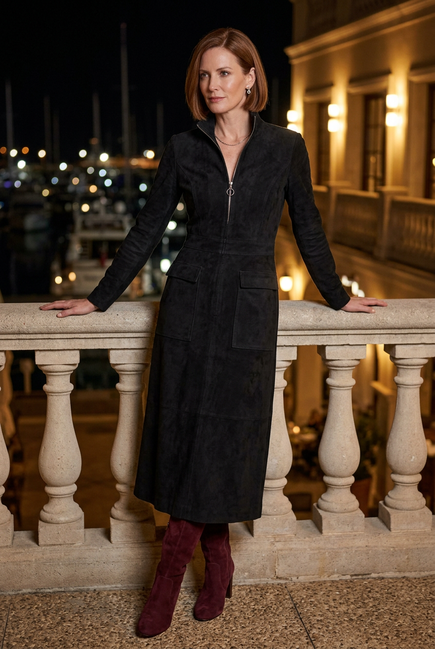White model wearing the black suede dress with burgundy boots at a marina terrace