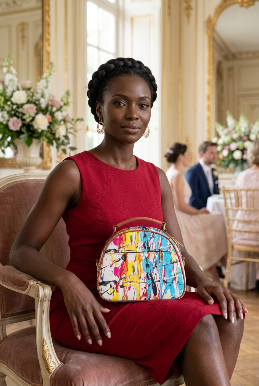 White paint-splash mini handbag at an estate wedding
