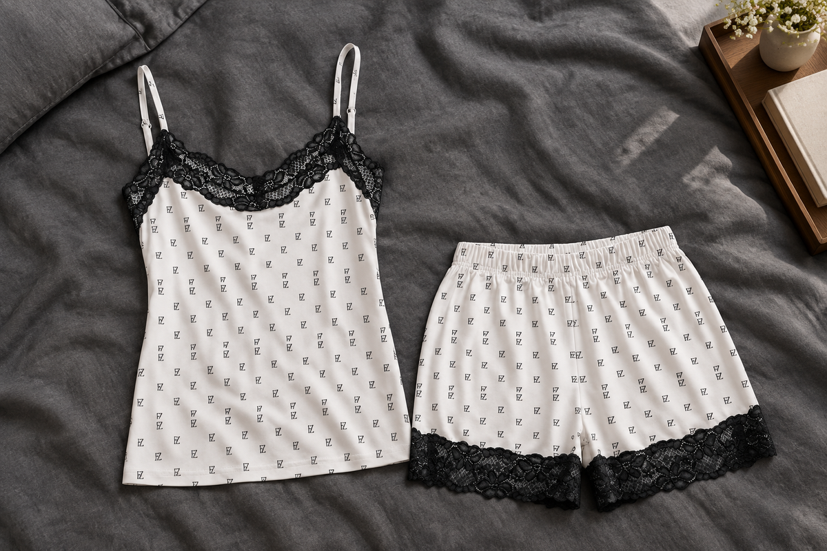 White pajama set bedroom flat lay
