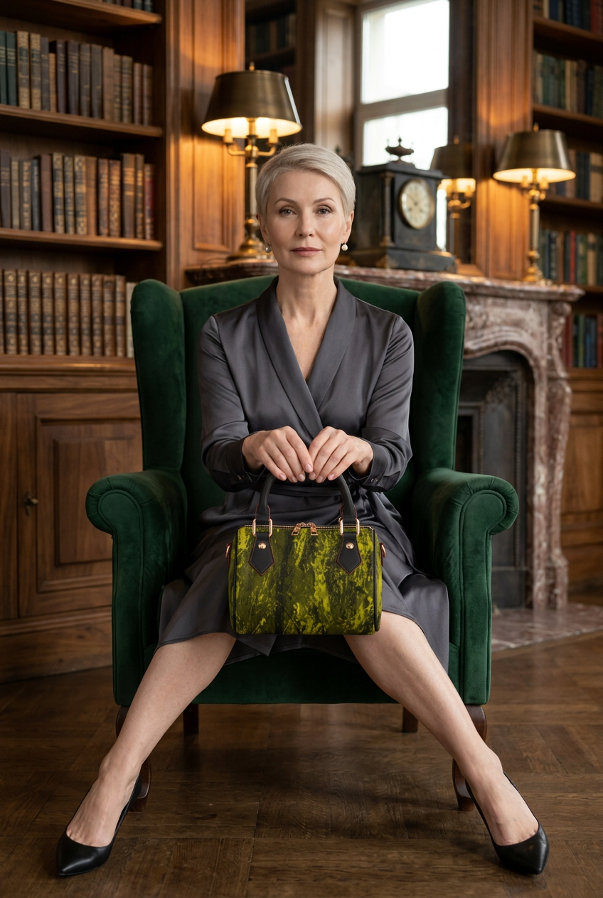 White woman in charcoal satin seated in an antique library salon