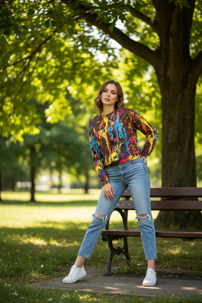 White woman in dark paint splatter sweatshirt, park setting