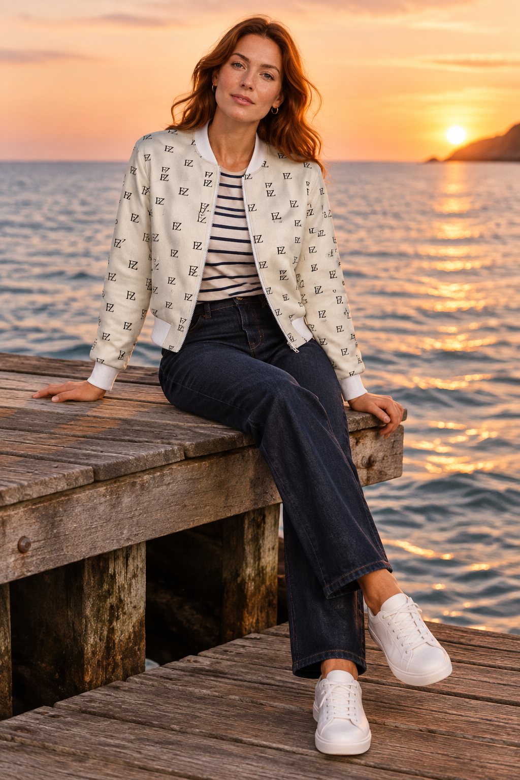 White woman in the women's FZ bomber on a seaside pier at sunset