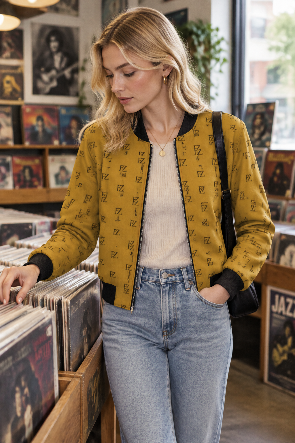 White woman in the women's mustard FZ bomber in a record shop