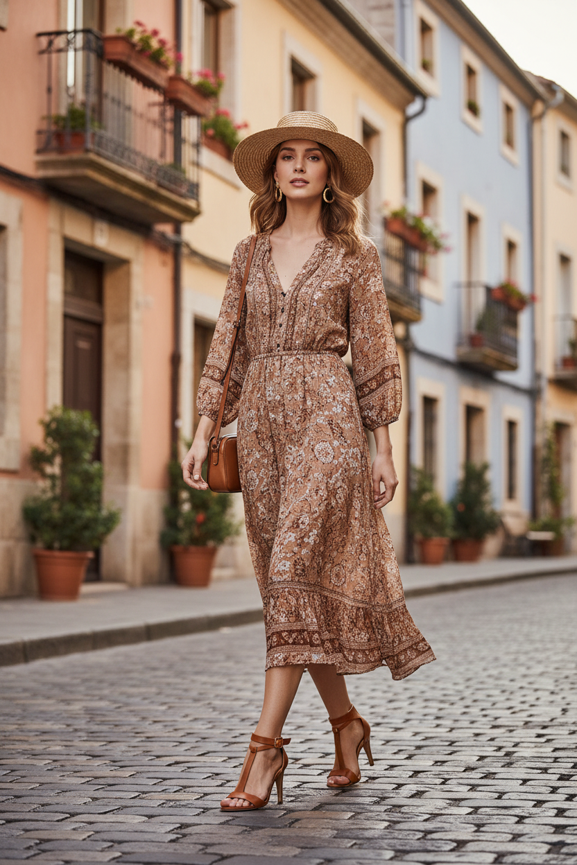 White woman wearing cognac brown T-bar stiletto sandals on European cobblestone street