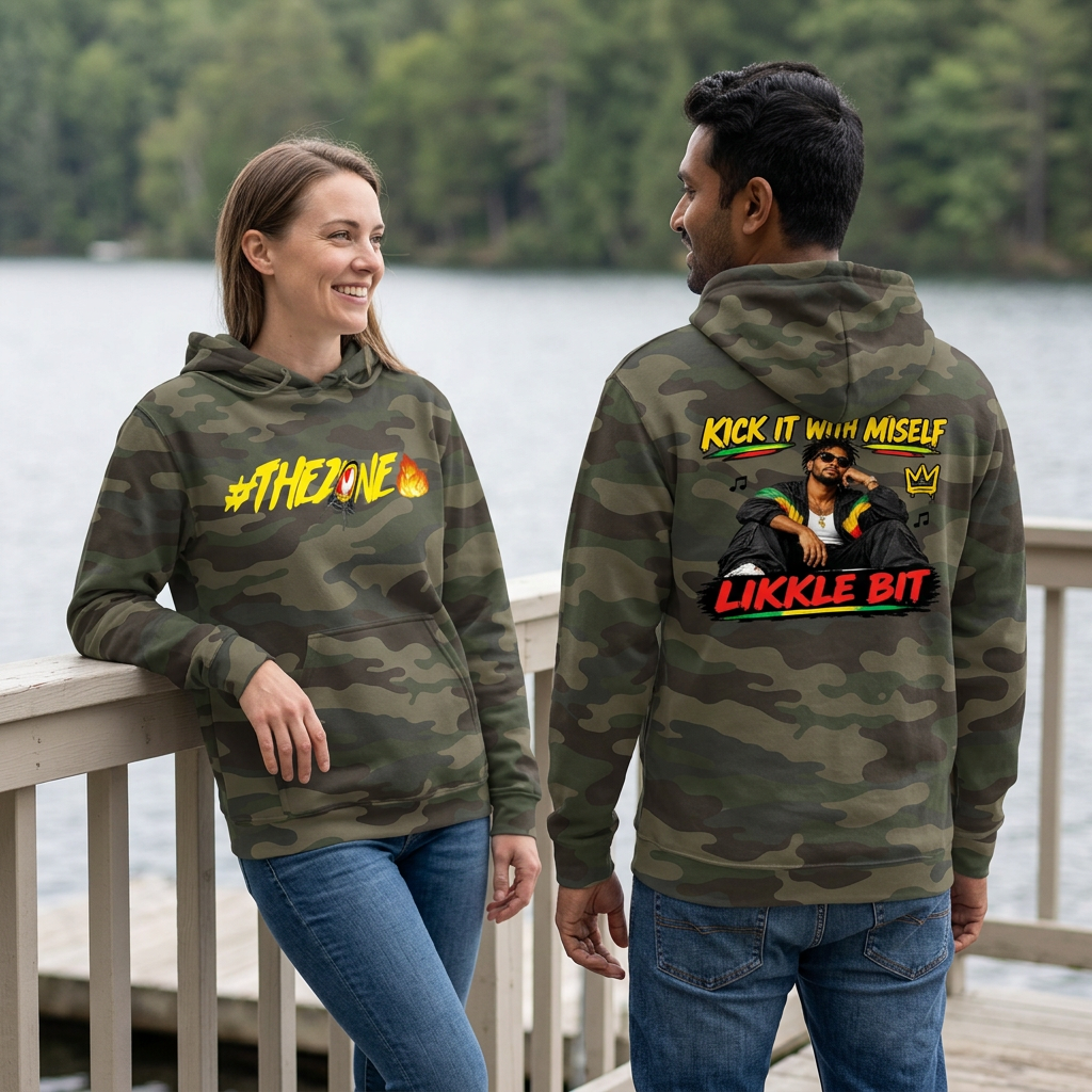 Woodland camo hoodie lifestyle image with woman showing the front and man showing the back on a lakeside terrace
