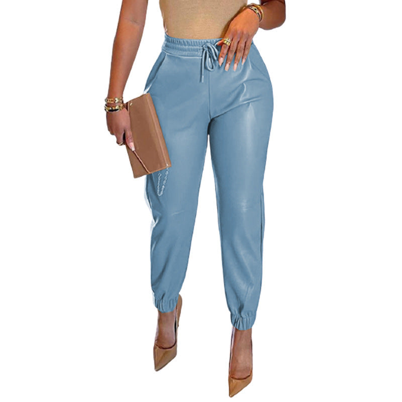 women's solid color drawstring pocket leggings leather pants
