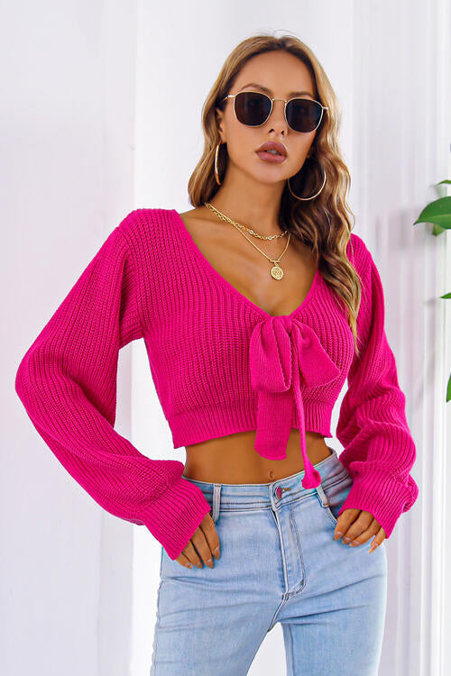 FZ Women's Bow V-Neck Long Sleeve Cropped Sweater Top - FZwear