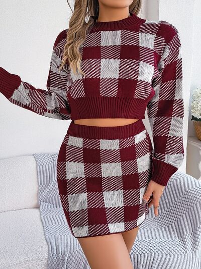 FZ Women's Plaid Round Neck Top and Skirt Sweater Suit