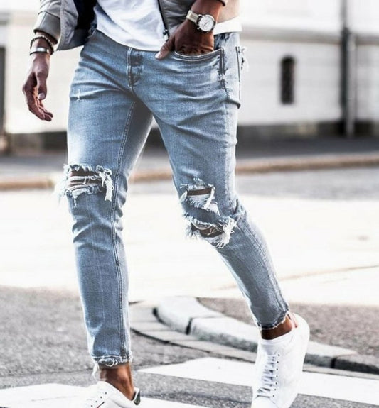 men's solid casual ripped pencil jeans