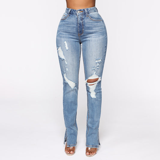 split jeans women arrival blue washed ripped high waist stretch jeans