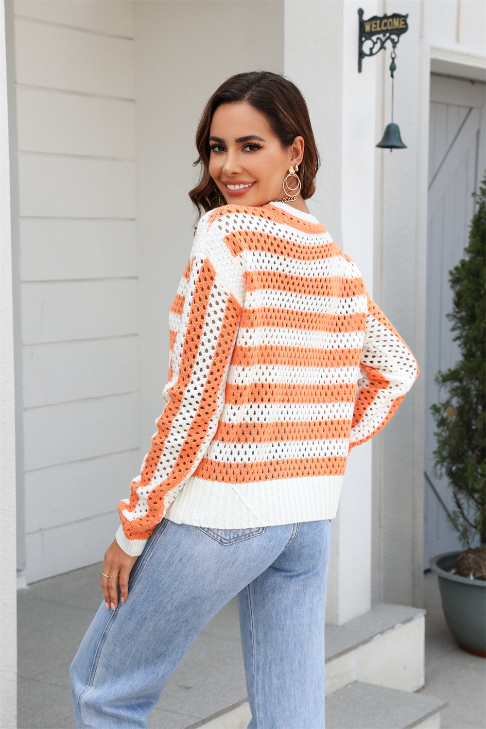 early autumn women hollow out cutout striped crew neck long sleeves knitwear oversized pullover