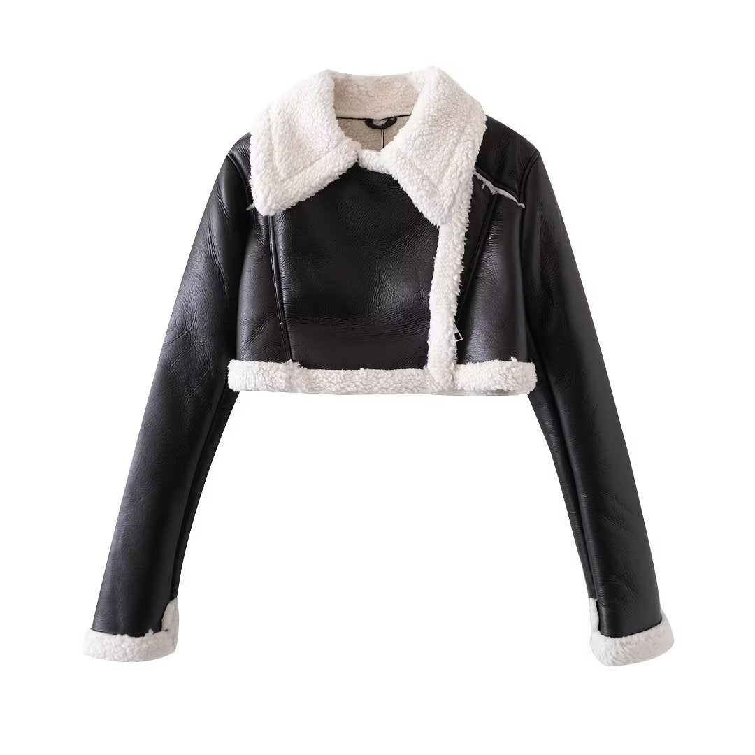 women clothing french short black leather white fur one piece all matching long sleeved jacket coat