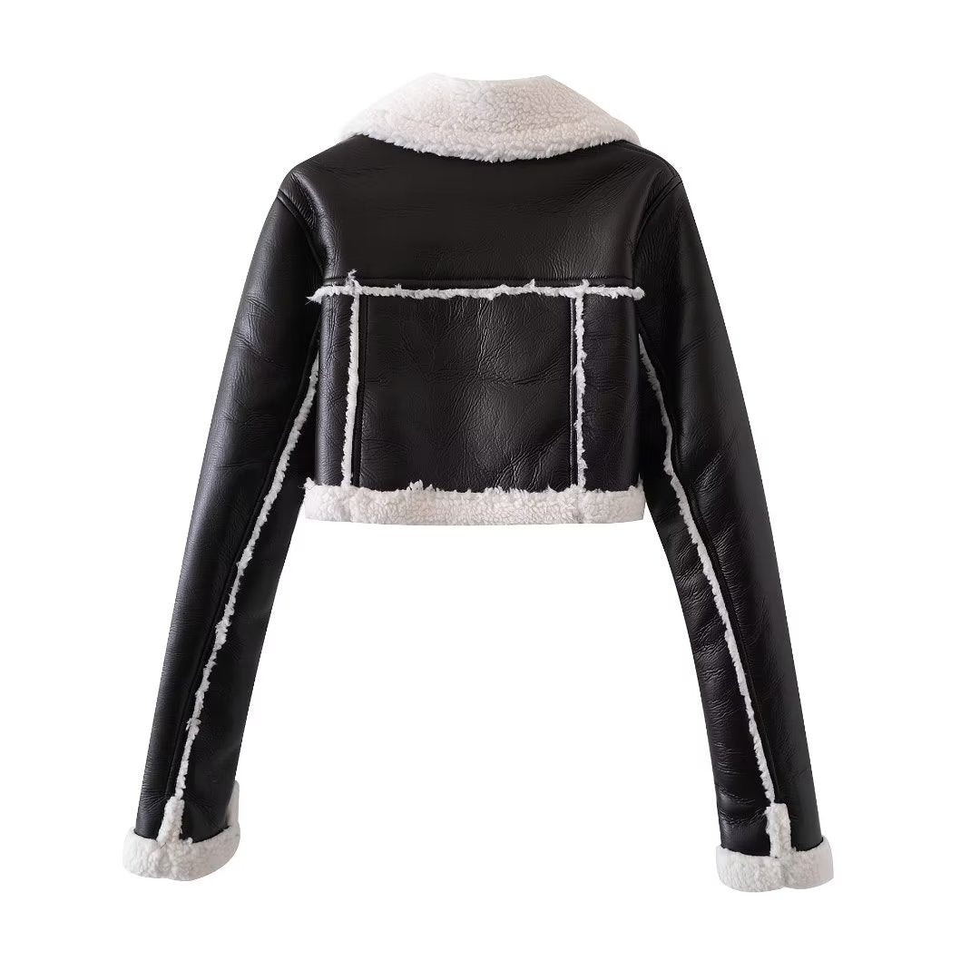 women clothing french short black leather white fur one piece all matching long sleeved jacket coat