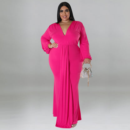 plus size women solid color sexy deep v plunge neck long sleeve pleated dress