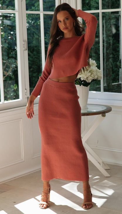FZ Women's Knitted Slit Maxi Sweater Skirt Suit