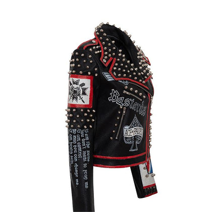 FZ Women's Rivet Printing Punk Rock Performance Motorcycle Leather Jacket