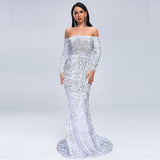 spring sexy tube top off-shoulder long sleeve sequined party mop evening dress for women formal gown