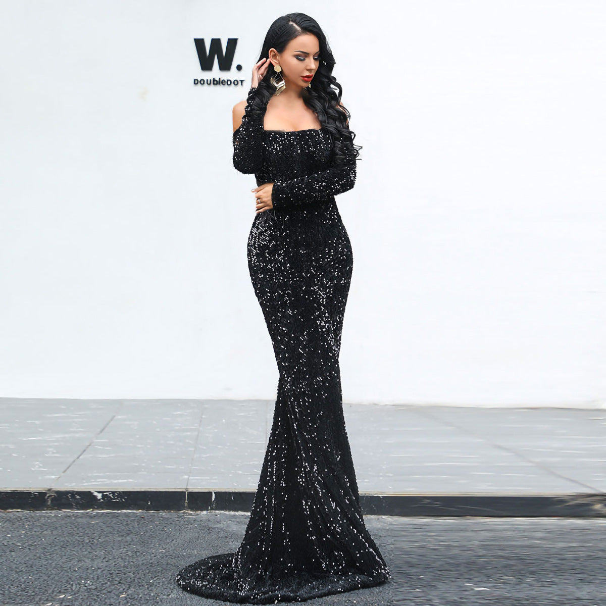 spring sexy tube top off-shoulder long sleeve sequined party mop evening dress for women formal gown