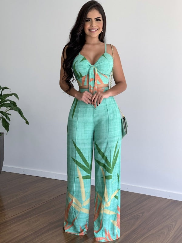 linen-like casual suit v-neck high-waist printed wide-leg pants two-piece set
