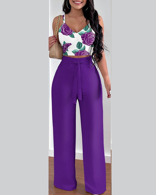 FZ Women's Floral Print Shirred Crop Top & High Waist Pants Suit - FZwear