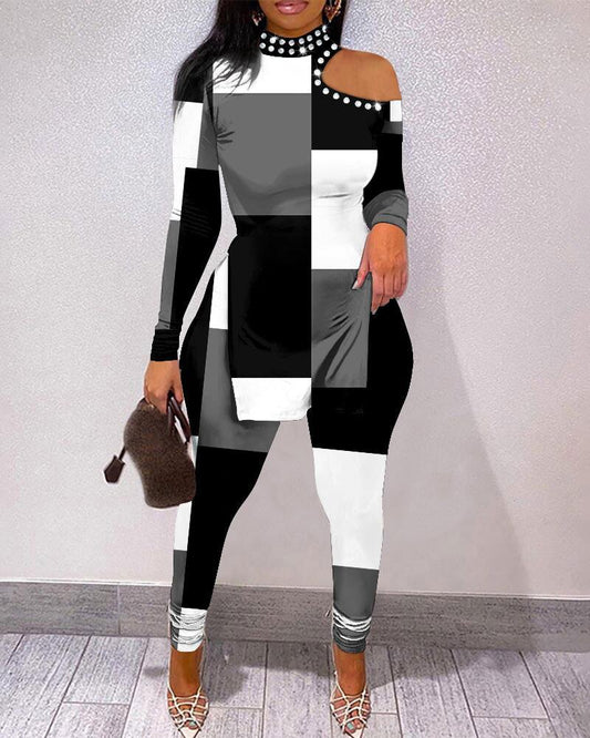 Γυναικείο κοστούμι με γεωμετρικό τύπωμα κρύου ώμου με σχιστό στρίφωμα FZ