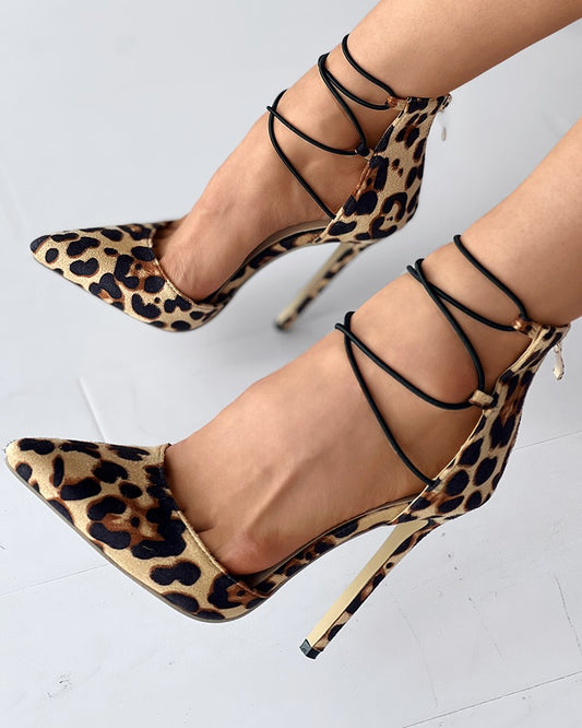 FZ Women's Cheetah Print Lace-up Stiletto Heel Shoes - FZwear