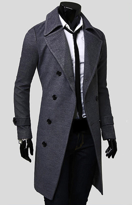 men's double breasted lengthened simple wool coat