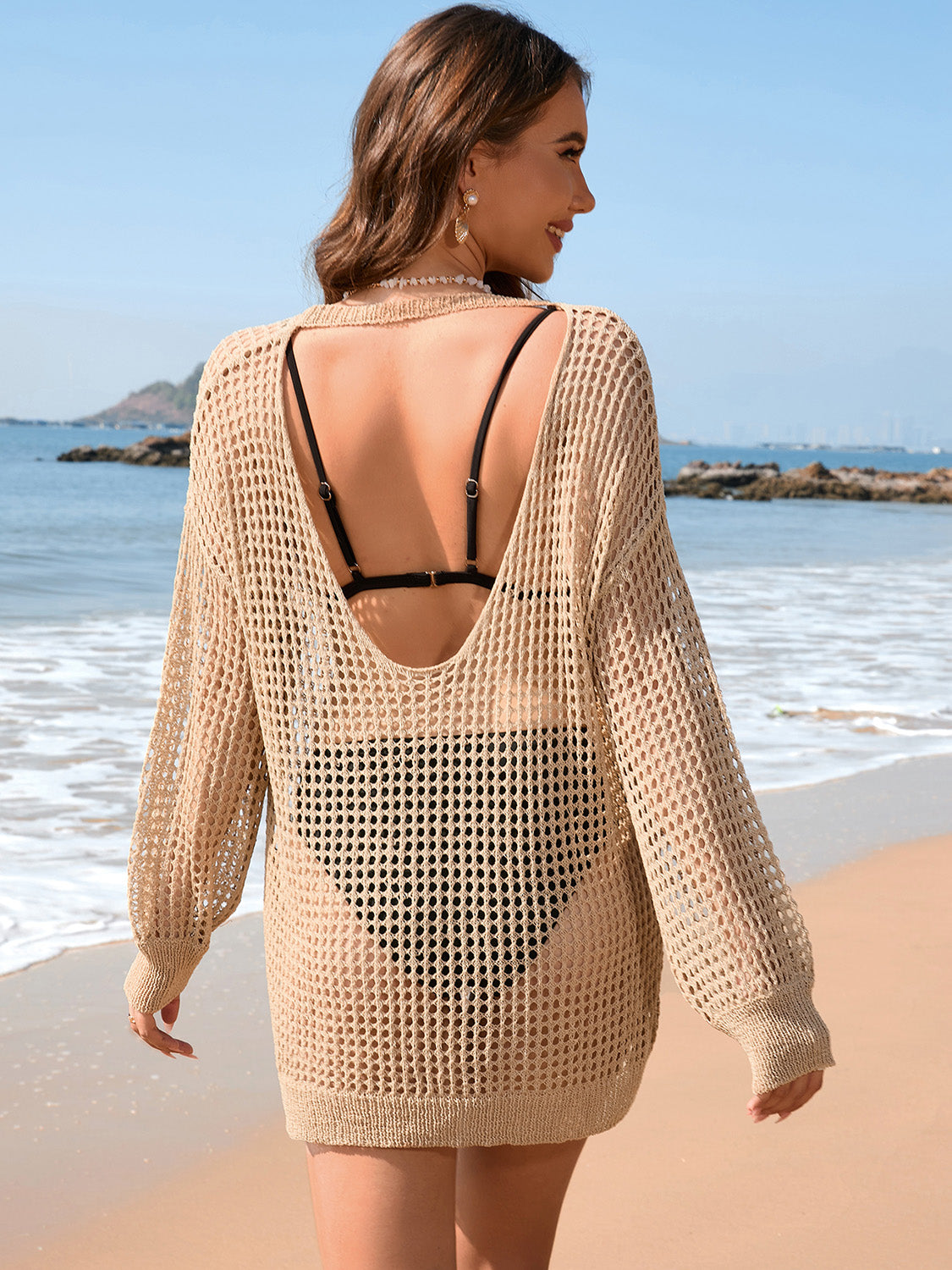 FZ Women's Backless Boat Neck Long Sleeve Swimsuit Cover Up
