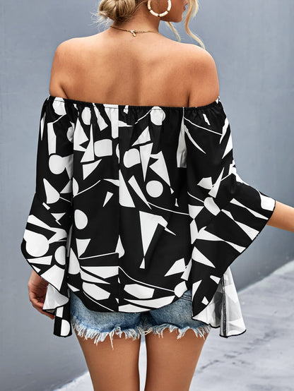 printed off-shoulder bell sleeve blouse