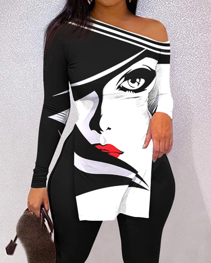 FZ Women's Figure Print Split Hem Pants Suit - FZwear