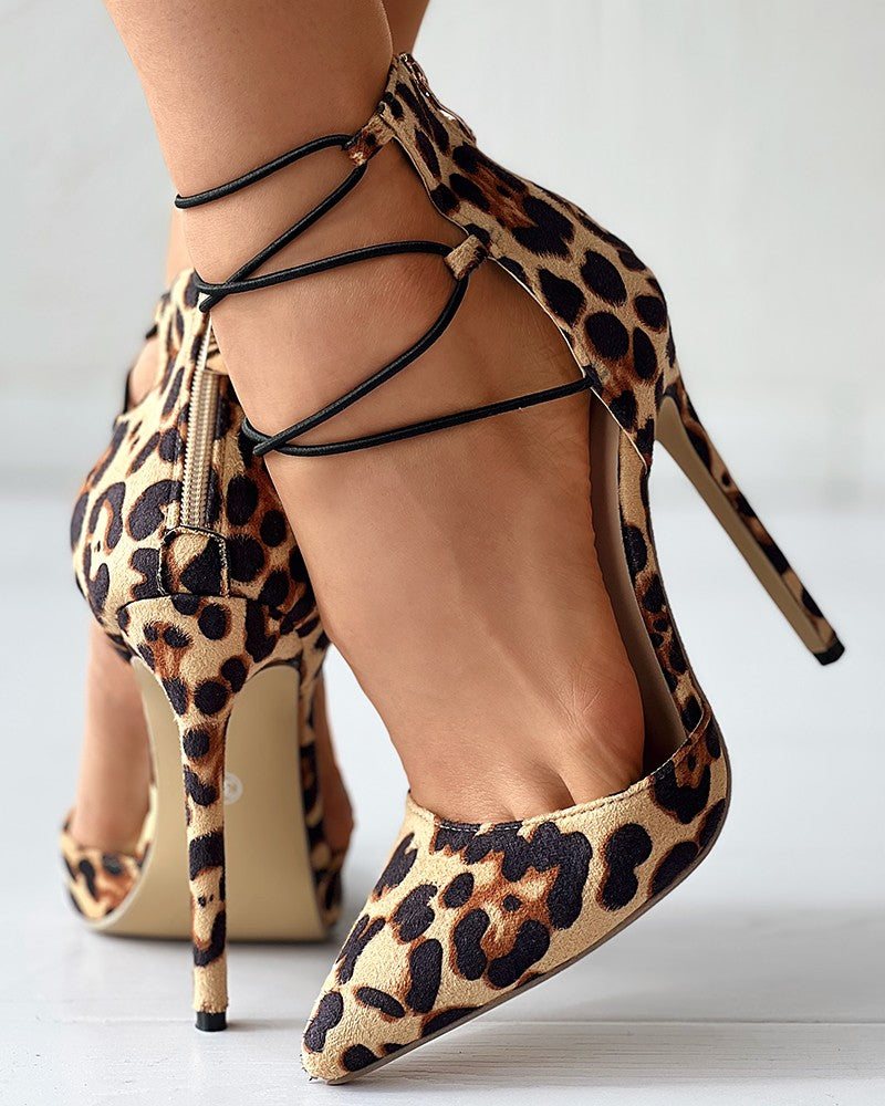 FZ Women's Cheetah Print Lace-up Stiletto Heel Shoes - FZwear