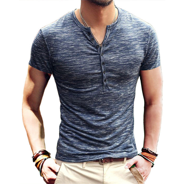 summer men's short sleeve men's t-shirt henley collar slim fit men's clothing