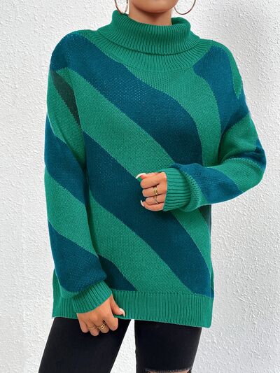 FZ Women's Striped Turtleneck Dropped Shoulder Sweater - FZwear
