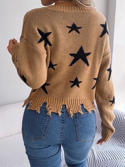 FZ Women's Star Pattern Distressed V-Neck Cropped Sweater Top