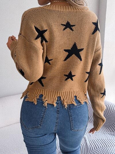 FZ Women's Star Pattern Distressed V-Neck Cropped Sweater Top - FZwear