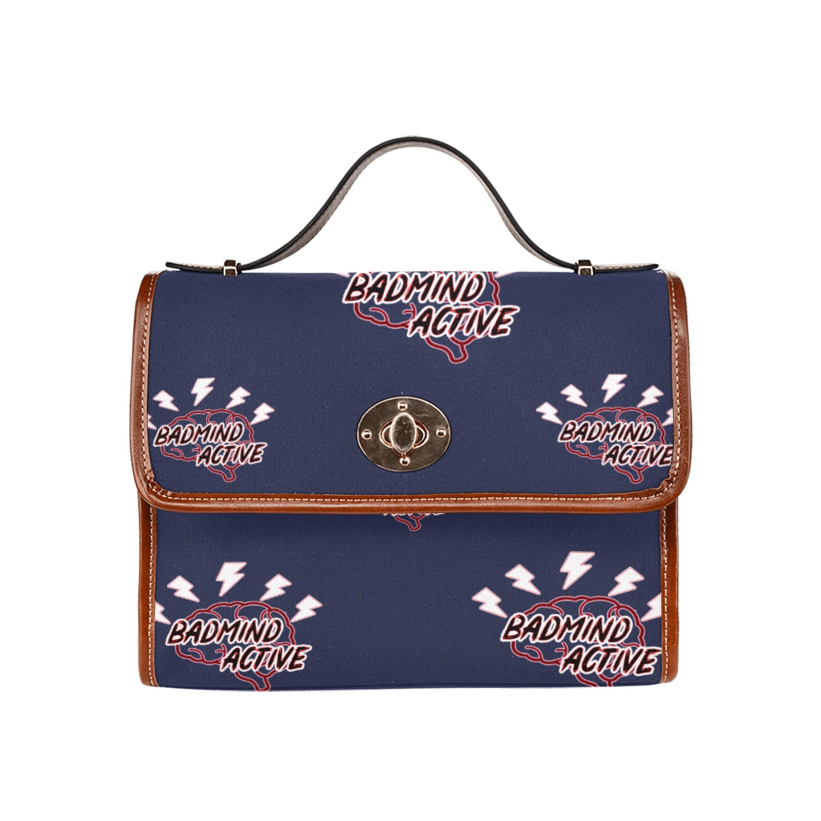 fz mind handbag one size / fz - mind bag-dark blue all over print waterproof canvas bag(model1641)(brown strap)