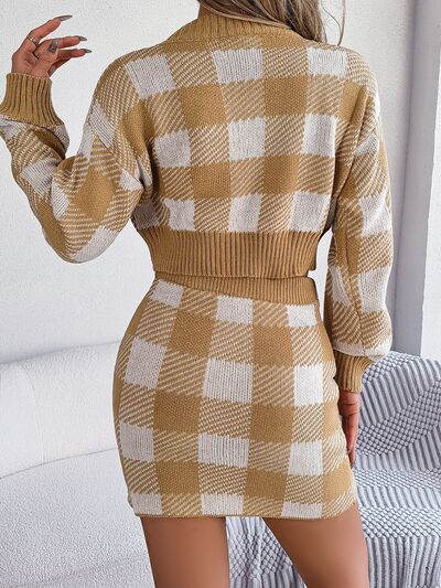 FZ Women's Plaid Round Neck Top and Skirt Sweater Suit