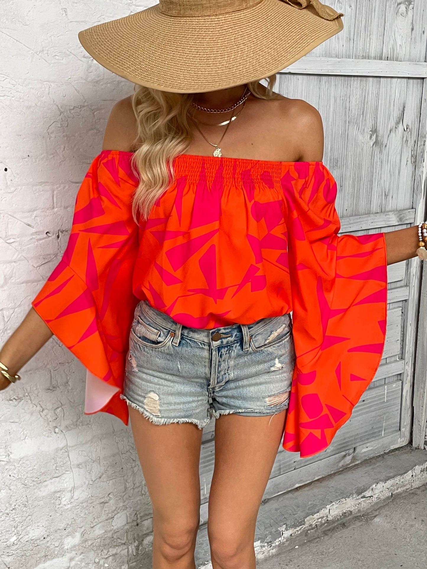 printed off-shoulder bell sleeve blouse