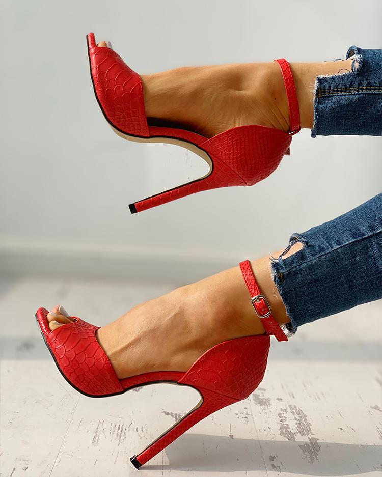 FZ Zapatos de tacón de aguja con correa en el tobillo y punta abierta para mujer