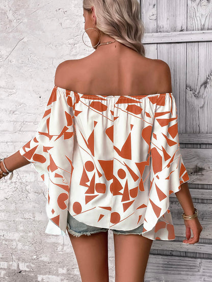 printed off-shoulder bell sleeve blouse