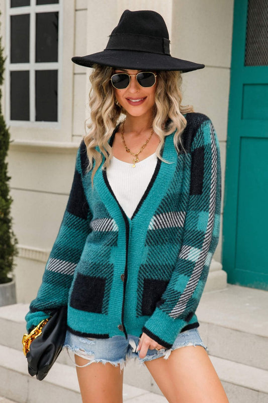 striped button-front fuzzy cardigan