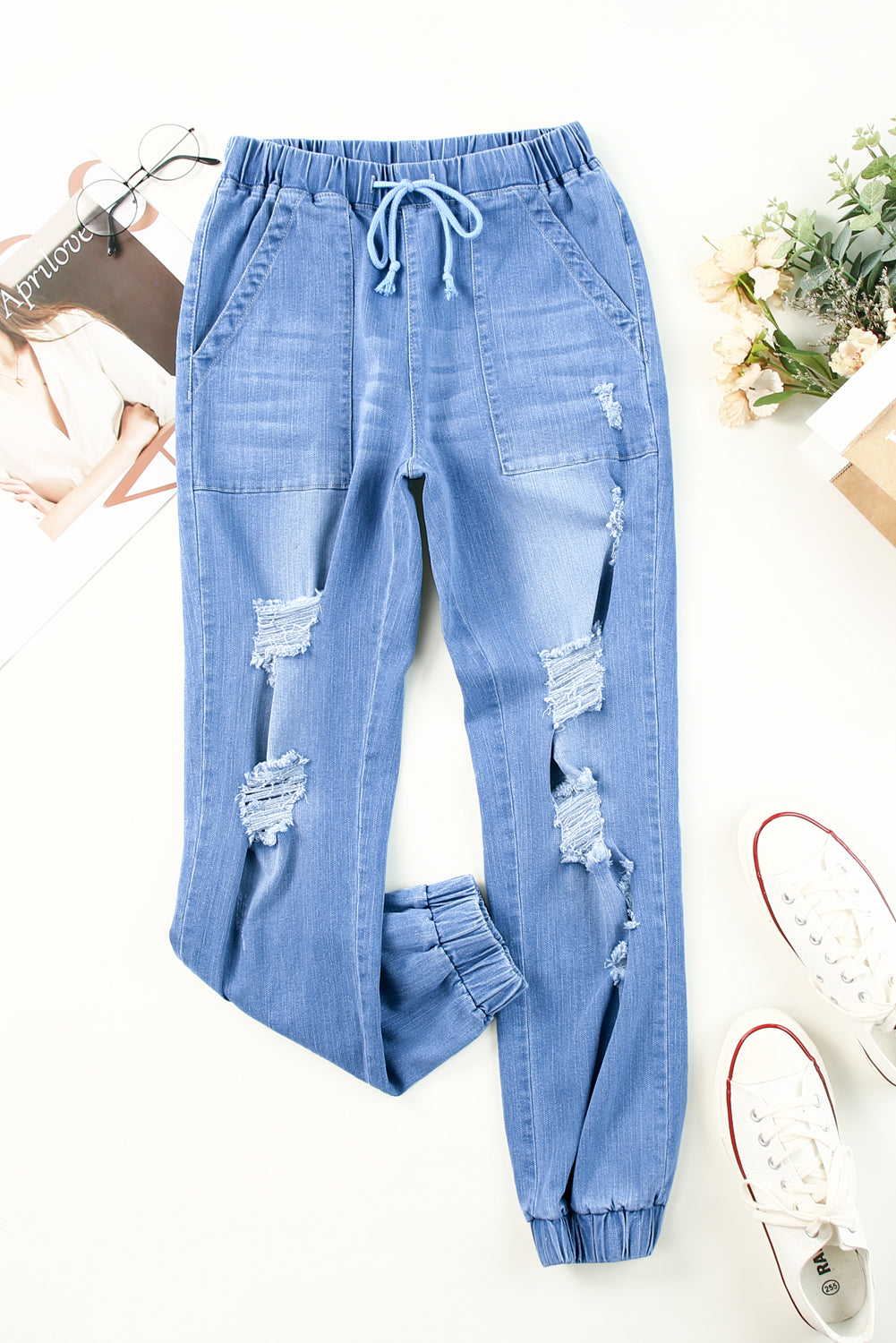 distressed denim pocketed joggers