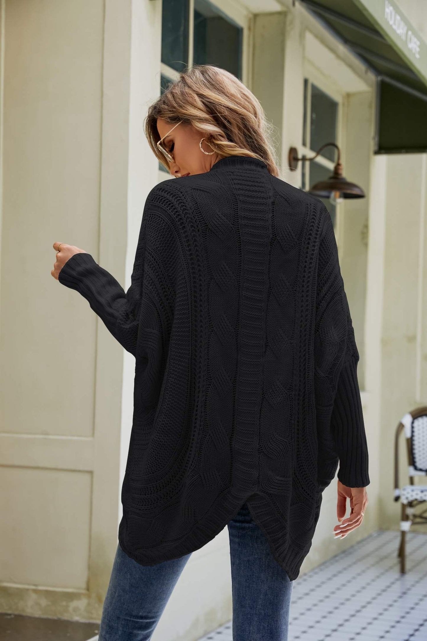 mixed knit open front dolman sleeve cardigan