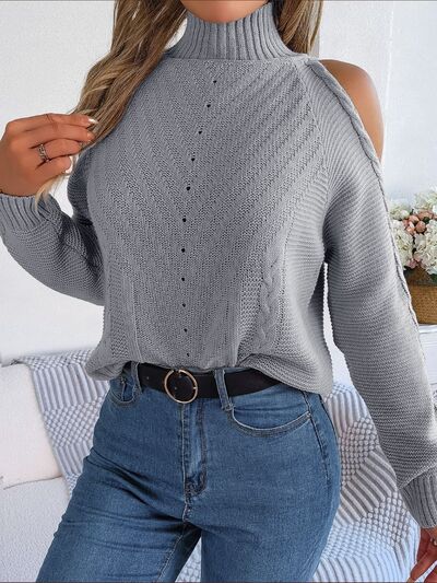 FZ Women's Cable-Knit Turtleneck Cold Shoulder Sweater Top - FZwear