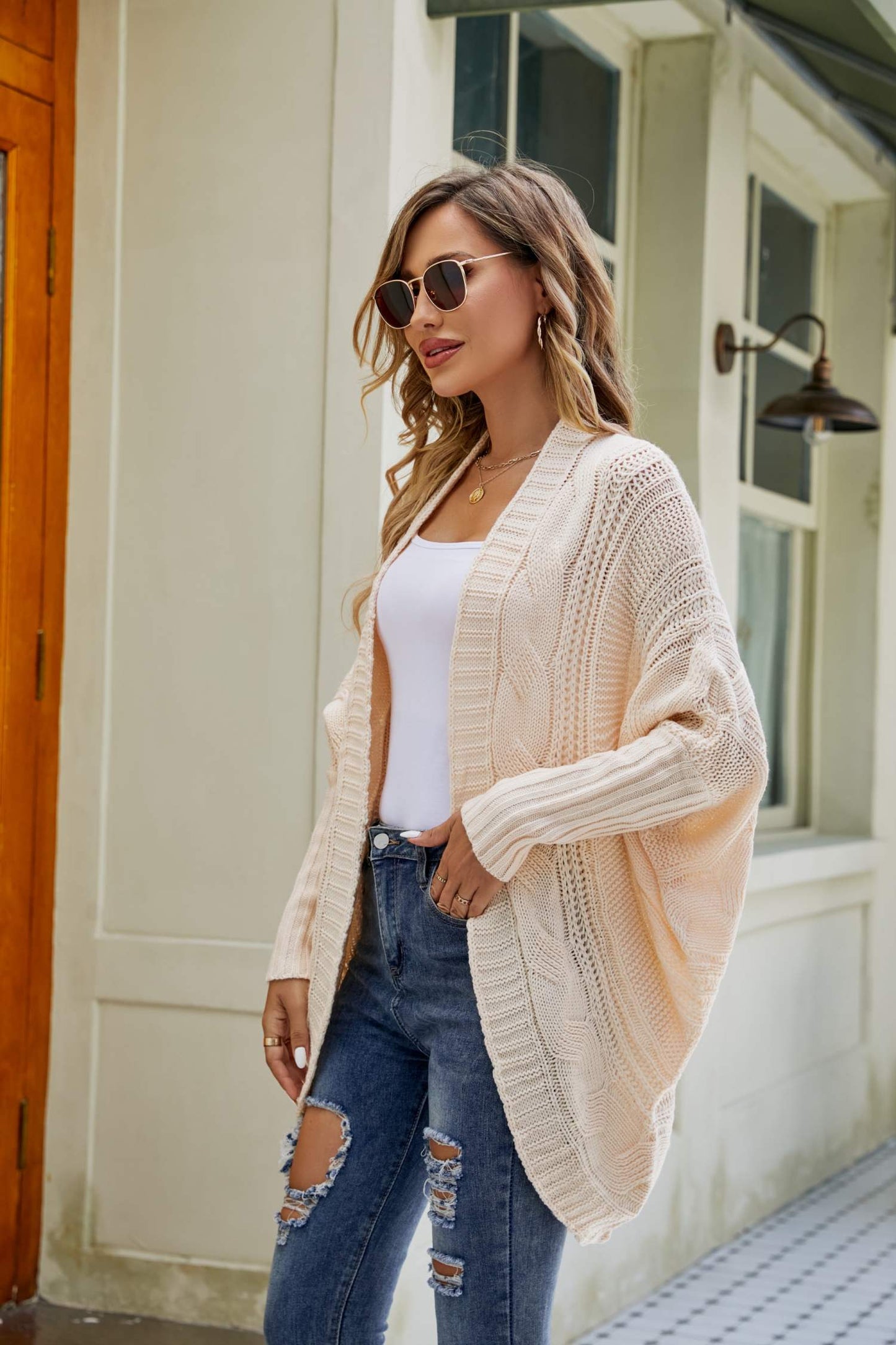 mixed knit open front dolman sleeve cardigan